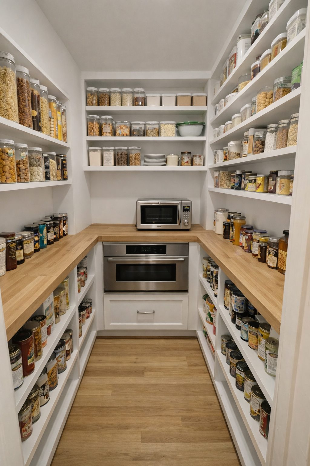 Walk-in pantry built out with shelving and a butcher-block counter